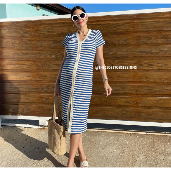 MANGO BLOGGER FAVE!!! Striped Knit Midi Dress NWT | Blue White Size 8 - Picture 14 of 16